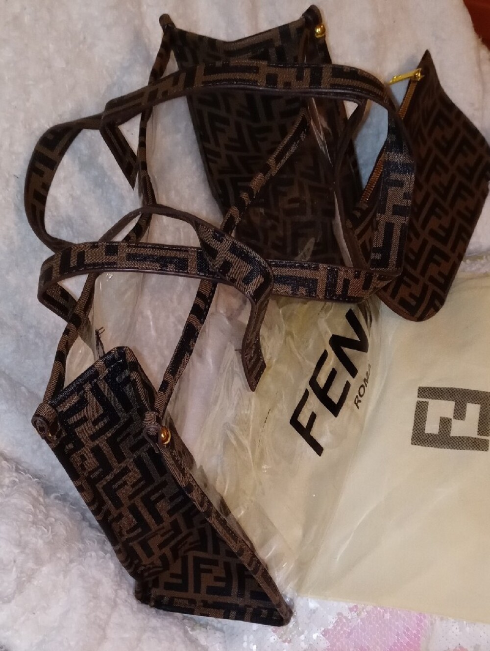 Fendi Clear Tote with Brown FF Monogram Trim and Matching Pouch - Picture 5 of 13